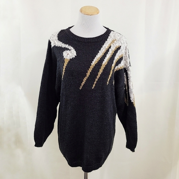 Vintage Sweaters - Vintage black gold Crane sweater bird collar size medium